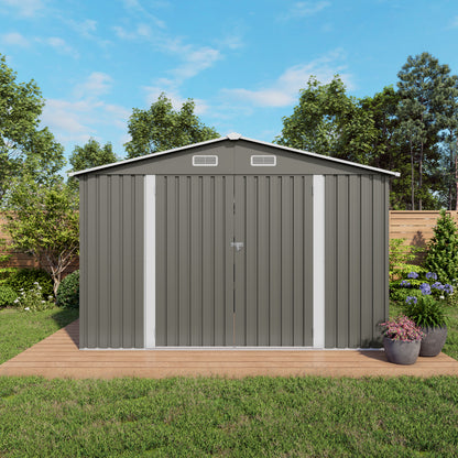 10 x 8 FT Outdoor Storage Shed, Large Metal Storage Shed, Lockable Door and Air Vent, Clear Window Garden Tool Shed for Bicycles, Tools, Lawnmowers, Backyards, Patios, Lawns - Gray