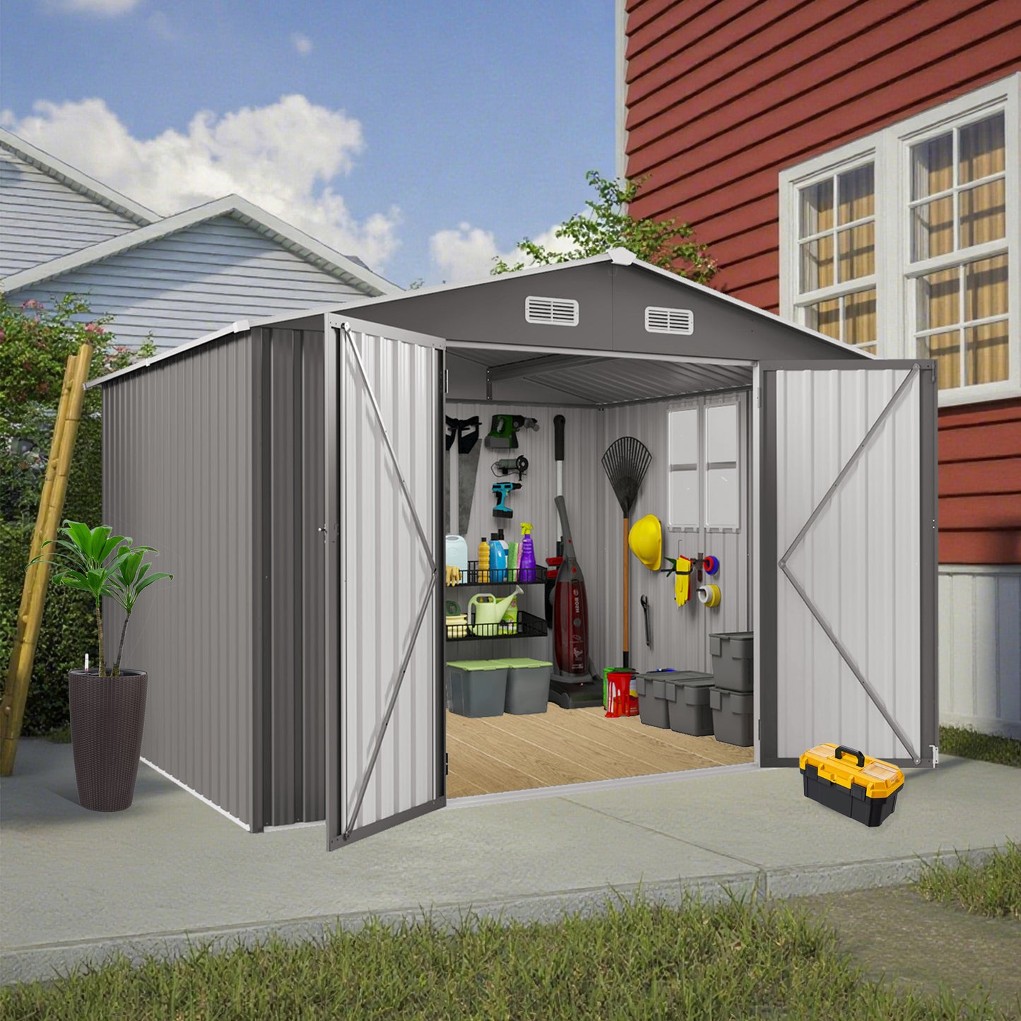 10 x 8 FT Outdoor Storage Shed, Large Metal Storage Shed, Lockable Door and Air Vent, Clear Window Garden Tool Shed for Bicycles, Tools, Lawnmowers, Backyards, Patios, Lawns - Gray