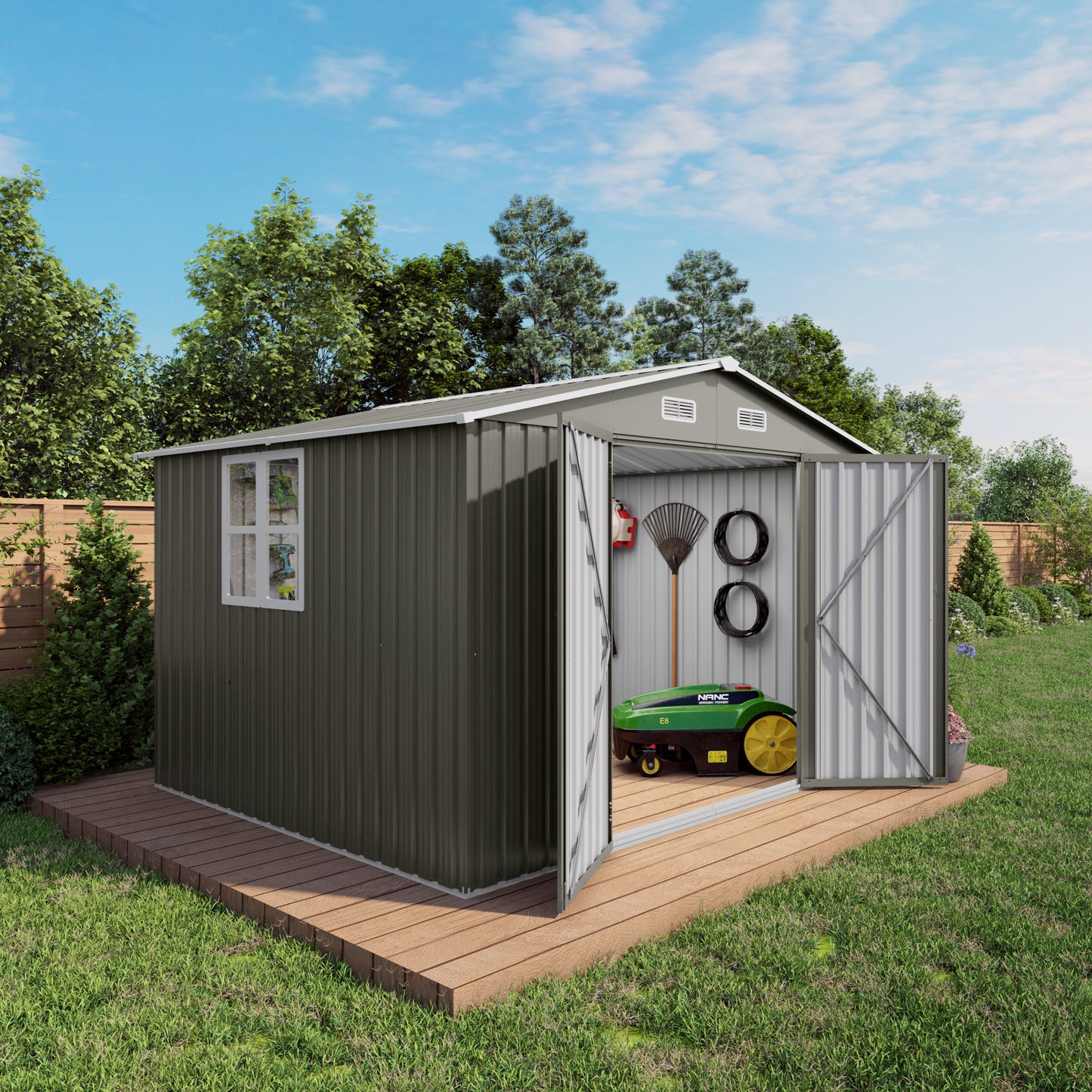 10 x 8 FT Outdoor Storage Shed, Large Metal Storage Shed, Lockable Door and Air Vent, Clear Window Garden Tool Shed for Bicycles, Tools, Lawnmowers, Backyards, Patios, Lawns - Gray