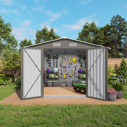 10 x 8 FT Outdoor Storage Shed, Large Metal Storage Shed, Lockable Door and Air Vent, Clear Window Garden Tool Shed for Bicycles, Tools, Lawnmowers, Backyards, Patios, Lawns - Gray
