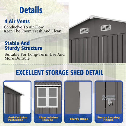 10 x 8 FT Outdoor Storage Shed, Large Metal Storage Shed, Lockable Door and Air Vent, Clear Window Garden Tool Shed for Bicycles, Tools, Lawnmowers, Backyards, Patios, Lawns - Gray