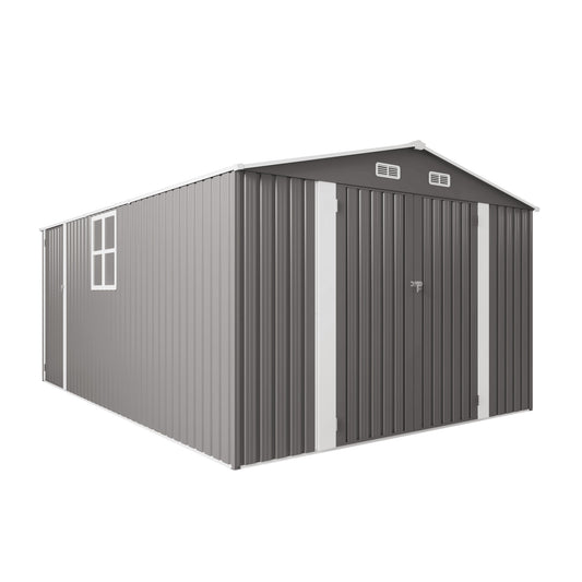 10x14 FT Outdoor Metal Storage Shed, Durable Garden Shed with Three Lockable Doors and Clear Window for Backyard, Patio, Garden, All-Weather Shelter for Bike, Gardening Tools, Lawn Mowers, Grey