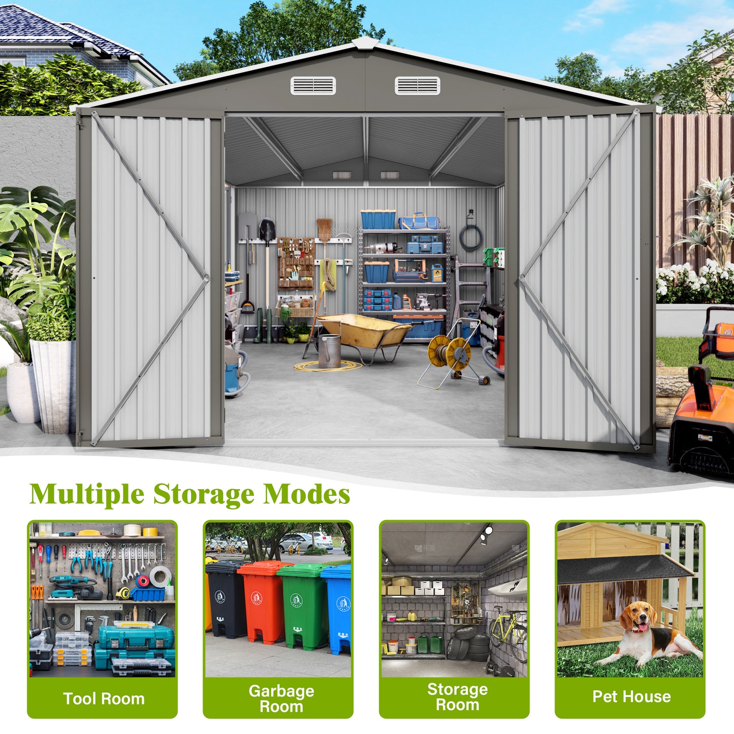 10x14 FT Outdoor Metal Storage Shed, Durable Garden Shed with Three Lockable Doors and Clear Window for Backyard, Patio, Garden, All-Weather Shelter for Bike, Gardening Tools, Lawn Mowers, Grey