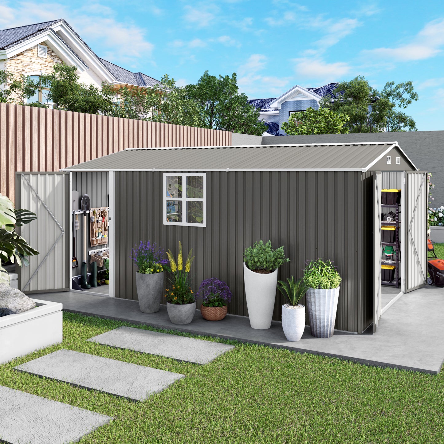 10x14 FT Outdoor Metal Storage Shed, Durable Garden Shed with Three Lockable Doors and Clear Window for Backyard, Patio, Garden, All-Weather Shelter for Bike, Gardening Tools, Lawn Mowers, Grey