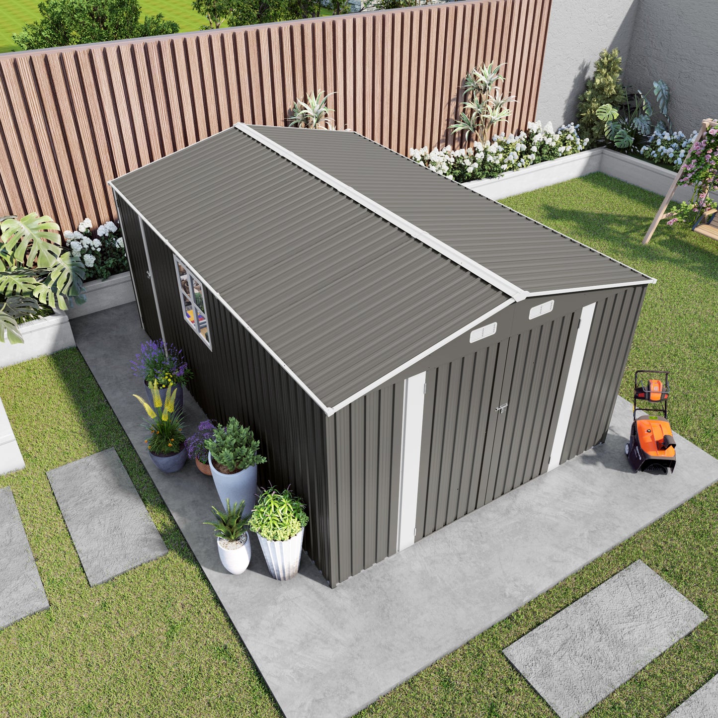 10x14 FT Outdoor Metal Storage Shed, Durable Garden Shed with Three Lockable Doors and Clear Window for Backyard, Patio, Garden, All-Weather Shelter for Bike, Gardening Tools, Lawn Mowers, Grey