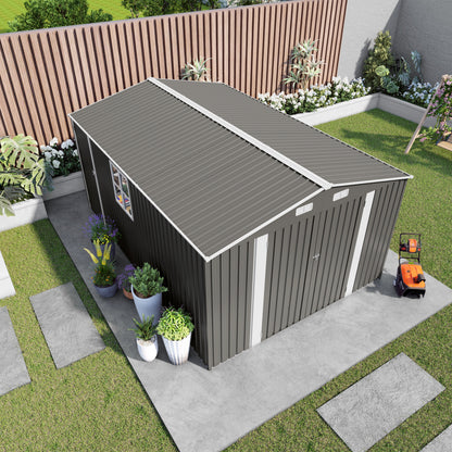 10x14 FT Outdoor Metal Storage Shed, Durable Garden Shed with Three Lockable Doors and Clear Window for Backyard, Patio, Garden, All-Weather Shelter for Bike, Gardening Tools, Lawn Mowers, Grey