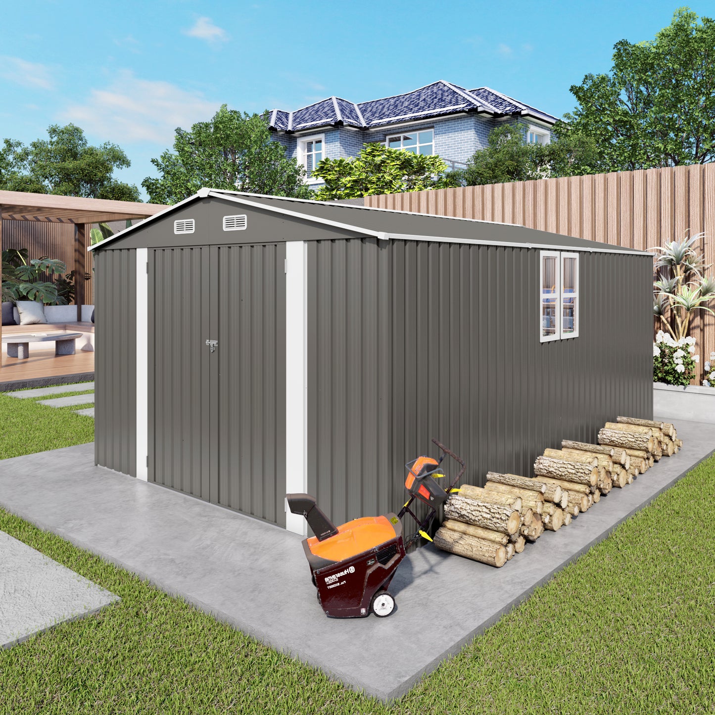 10x14 FT Outdoor Metal Storage Shed, Durable Garden Shed with Three Lockable Doors and Clear Window for Backyard, Patio, Garden, All-Weather Shelter for Bike, Gardening Tools, Lawn Mowers, Grey