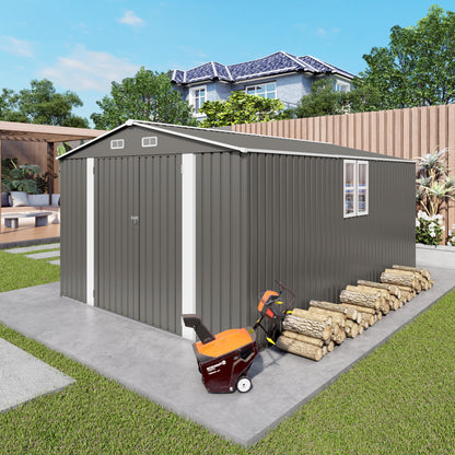 10x14 FT Outdoor Metal Storage Shed, Durable Garden Shed with Three Lockable Doors and Clear Window for Backyard, Patio, Garden, All-Weather Shelter for Bike, Gardening Tools, Lawn Mowers, Grey