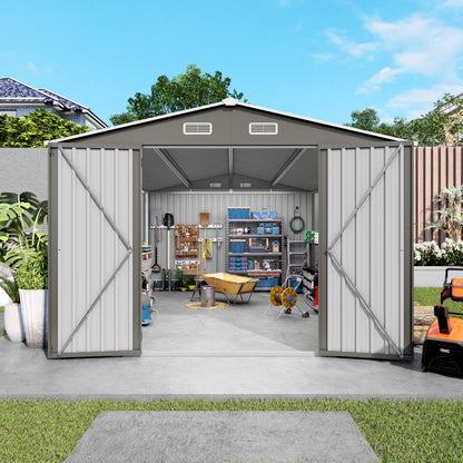 10x14 FT Outdoor Metal Storage Shed, Durable Garden Shed with Three Lockable Doors and Clear Window for Backyard, Patio, Garden, All-Weather Shelter for Bike, Gardening Tools, Lawn Mowers, Grey