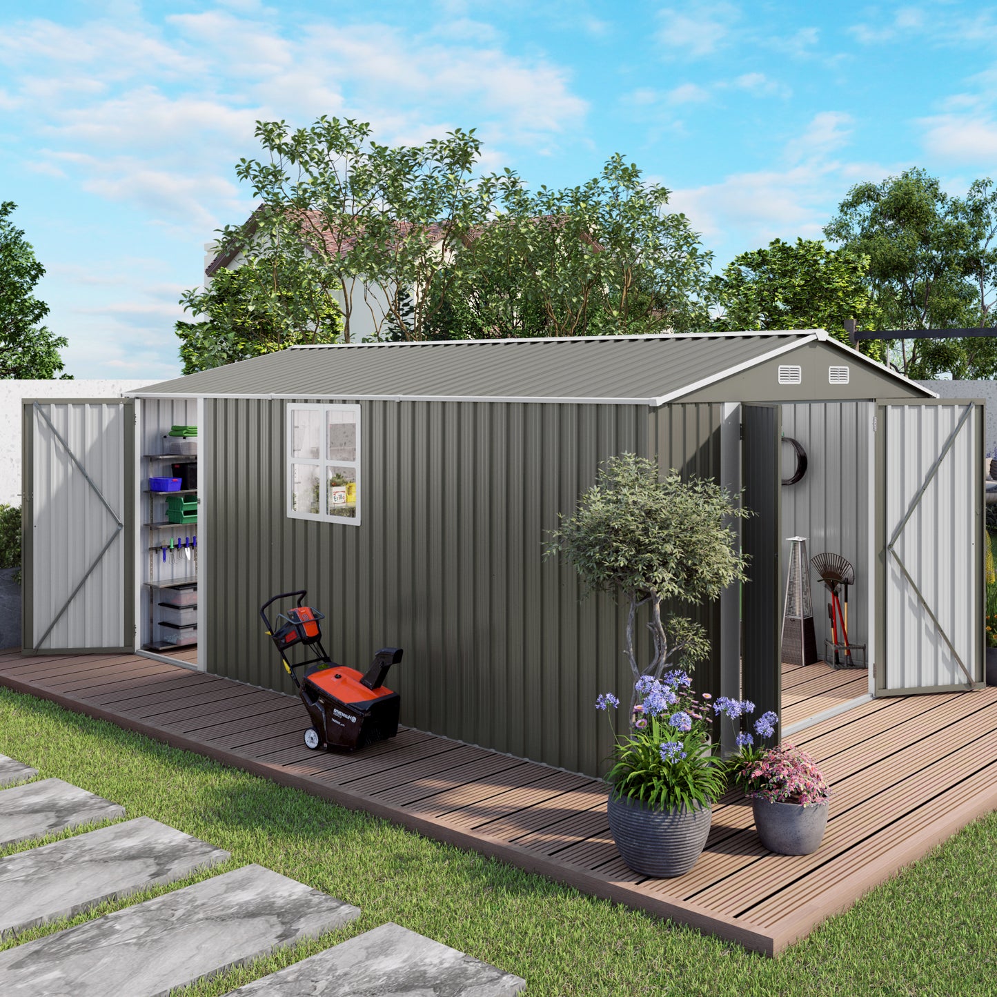 10x14 FT Outdoor Metal Storage Shed, Durable Garden Shed with Three Lockable Doors and Clear Window for Backyard, Patio, Garden, All-Weather Shelter for Bike, Gardening Tools, Lawn Mowers, Grey