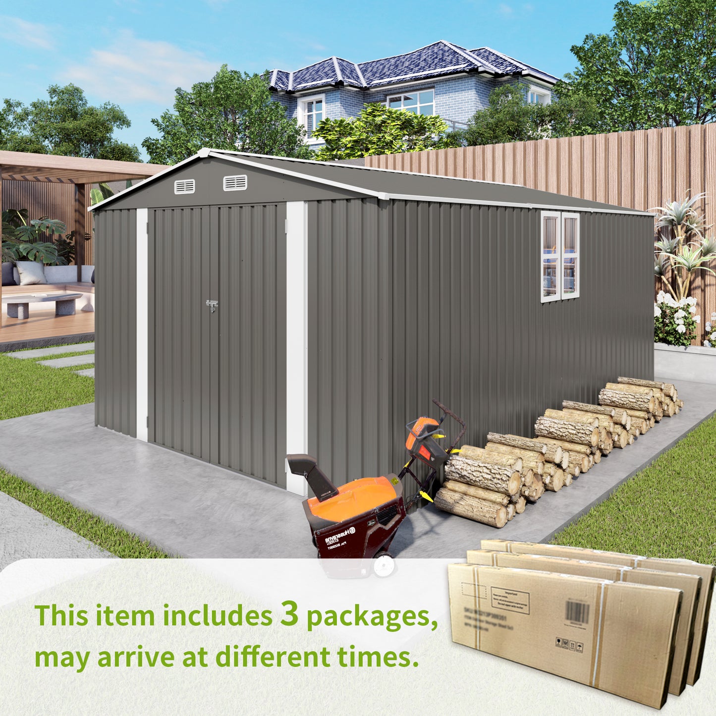 10x14 FT Outdoor Metal Storage Shed, Durable Garden Shed with Three Lockable Doors and Clear Window for Backyard, Patio, Garden, All-Weather Shelter for Bike, Gardening Tools, Lawn Mowers, Grey