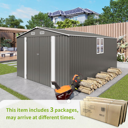10x14 FT Outdoor Metal Storage Shed, Durable Garden Shed with Three Lockable Doors and Clear Window for Backyard, Patio, Garden, All-Weather Shelter for Bike, Gardening Tools, Lawn Mowers, Grey