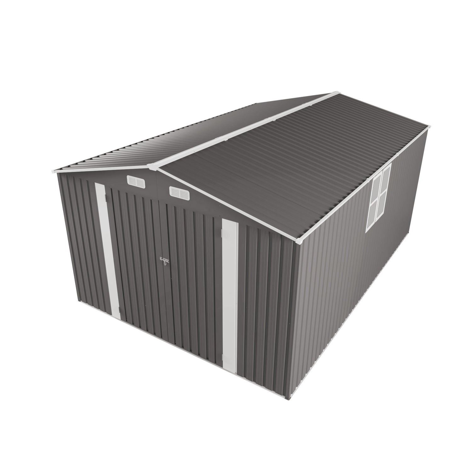 10x14 FT Outdoor Metal Storage Shed, Durable Garden Shed with Three Lockable Doors and Clear Window for Backyard, Patio, Garden, All-Weather Shelter for Bike, Gardening Tools, Lawn Mowers, Grey