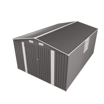 10x14 FT Outdoor Metal Storage Shed, Durable Garden Shed with Three Lockable Doors and Clear Window for Backyard, Patio, Garden, All-Weather Shelter for Bike, Gardening Tools, Lawn Mowers, Grey