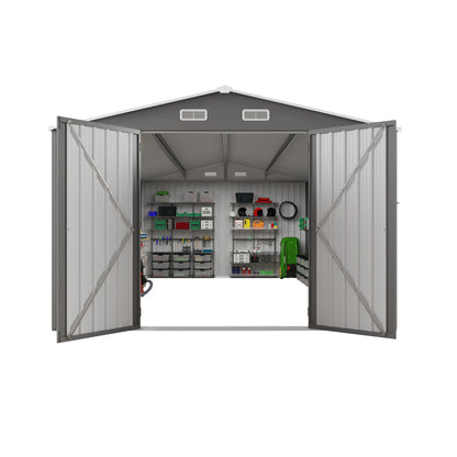 10x14 FT Outdoor Metal Storage Shed, Durable Garden Shed with Three Lockable Doors and Clear Window for Backyard, Patio, Garden, All-Weather Shelter for Bike, Gardening Tools, Lawn Mowers, Grey