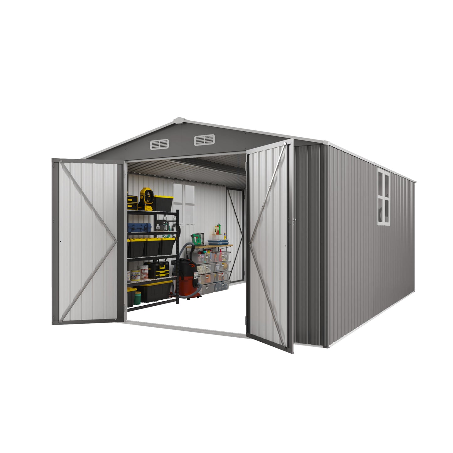 10x14 FT Outdoor Metal Storage Shed, Durable Garden Shed with Three Lockable Doors and Clear Window for Backyard, Patio, Garden, All-Weather Shelter for Bike, Gardening Tools, Lawn Mowers, Grey
