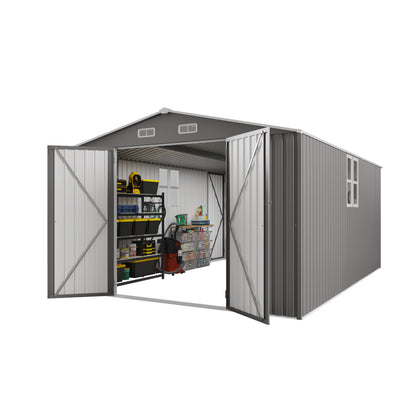 10x14 FT Outdoor Metal Storage Shed, Durable Garden Shed with Three Lockable Doors and Clear Window for Backyard, Patio, Garden, All-Weather Shelter for Bike, Gardening Tools, Lawn Mowers, Grey