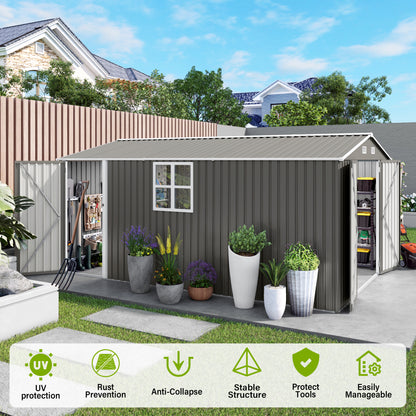 10x14 FT Outdoor Metal Storage Shed, Durable Garden Shed with Three Lockable Doors and Clear Window for Backyard, Patio, Garden, All-Weather Shelter for Bike, Gardening Tools, Lawn Mowers, Grey