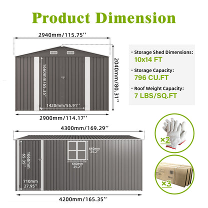 10x14 FT Outdoor Metal Storage Shed, Durable Garden Shed with Three Lockable Doors and Clear Window for Backyard, Patio, Garden, All-Weather Shelter for Bike, Gardening Tools, Lawn Mowers, Grey