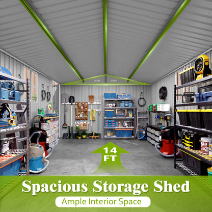 10x14 FT Outdoor Metal Storage Shed, Durable Garden Shed with Three Lockable Doors and Clear Window for Backyard, Patio, Garden, All-Weather Shelter for Bike, Gardening Tools, Lawn Mowers, Grey