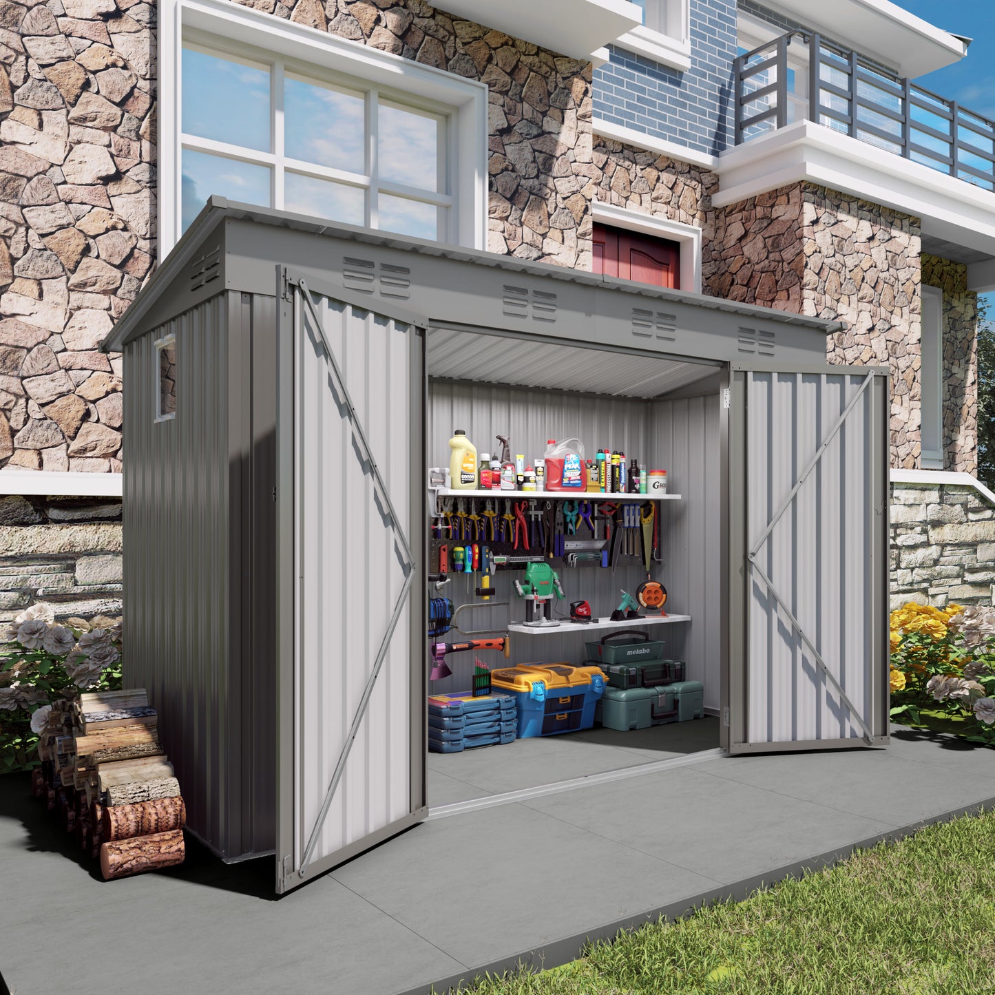 4 x 9 FT Outdoor Storage Shed, Metal Garden Shed Tool House with Sloping Roof,6 vents and 2 Swing Doors for Backyard, Garden,Patio, Garage, Lawn, Gray