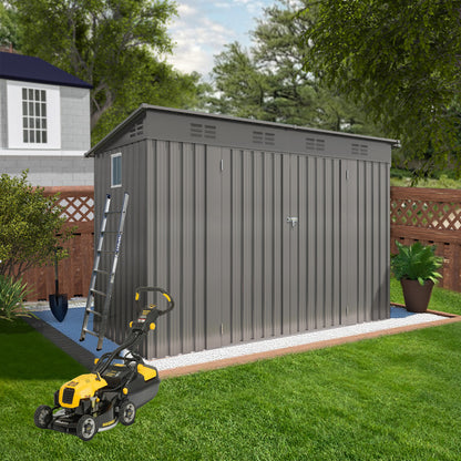 4 x 9 FT Outdoor Storage Shed, Metal Garden Shed Tool House with Sloping Roof,6 vents and 2 Swing Doors for Backyard, Garden,Patio, Garage, Lawn, Gray