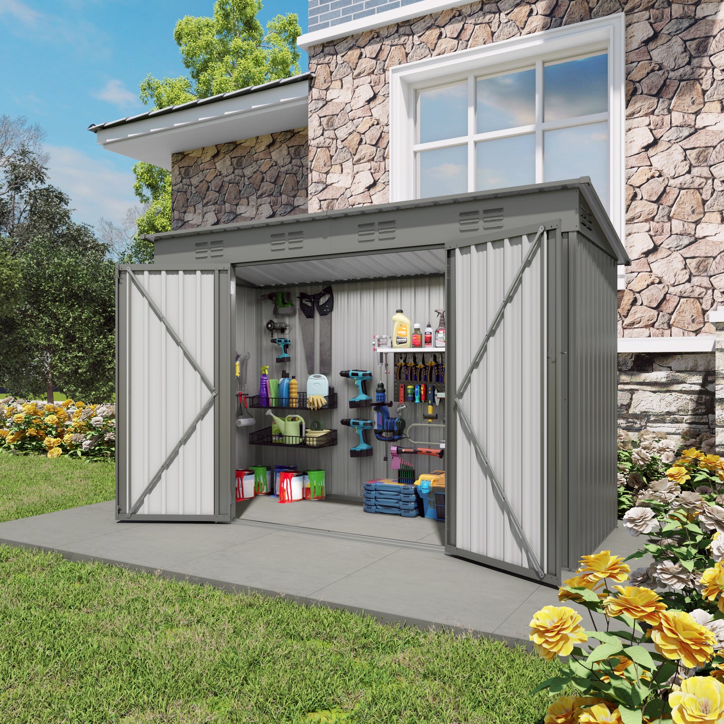 4 x 9 FT Outdoor Storage Shed, Metal Garden Shed Tool House with Sloping Roof,6 vents and 2 Swing Doors for Backyard, Garden,Patio, Garage, Lawn, Gray