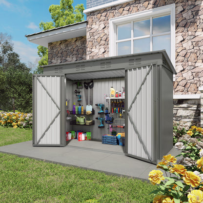 4 x 9 FT Outdoor Storage Shed, Metal Garden Shed Tool House with Sloping Roof,6 vents and 2 Swing Doors for Backyard, Garden,Patio, Garage, Lawn, Gray