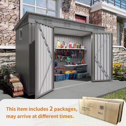 4 x 9 FT Outdoor Storage Shed, Metal Garden Shed Tool House with Sloping Roof,6 vents and 2 Swing Doors for Backyard, Garden,Patio, Garage, Lawn, Gray