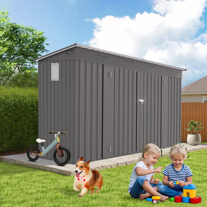 4 x 9 FT Outdoor Storage Shed, Metal Garden Shed Tool House with Sloping Roof,6 vents and 2 Swing Doors for Backyard, Garden,Patio, Garage, Lawn, Gray