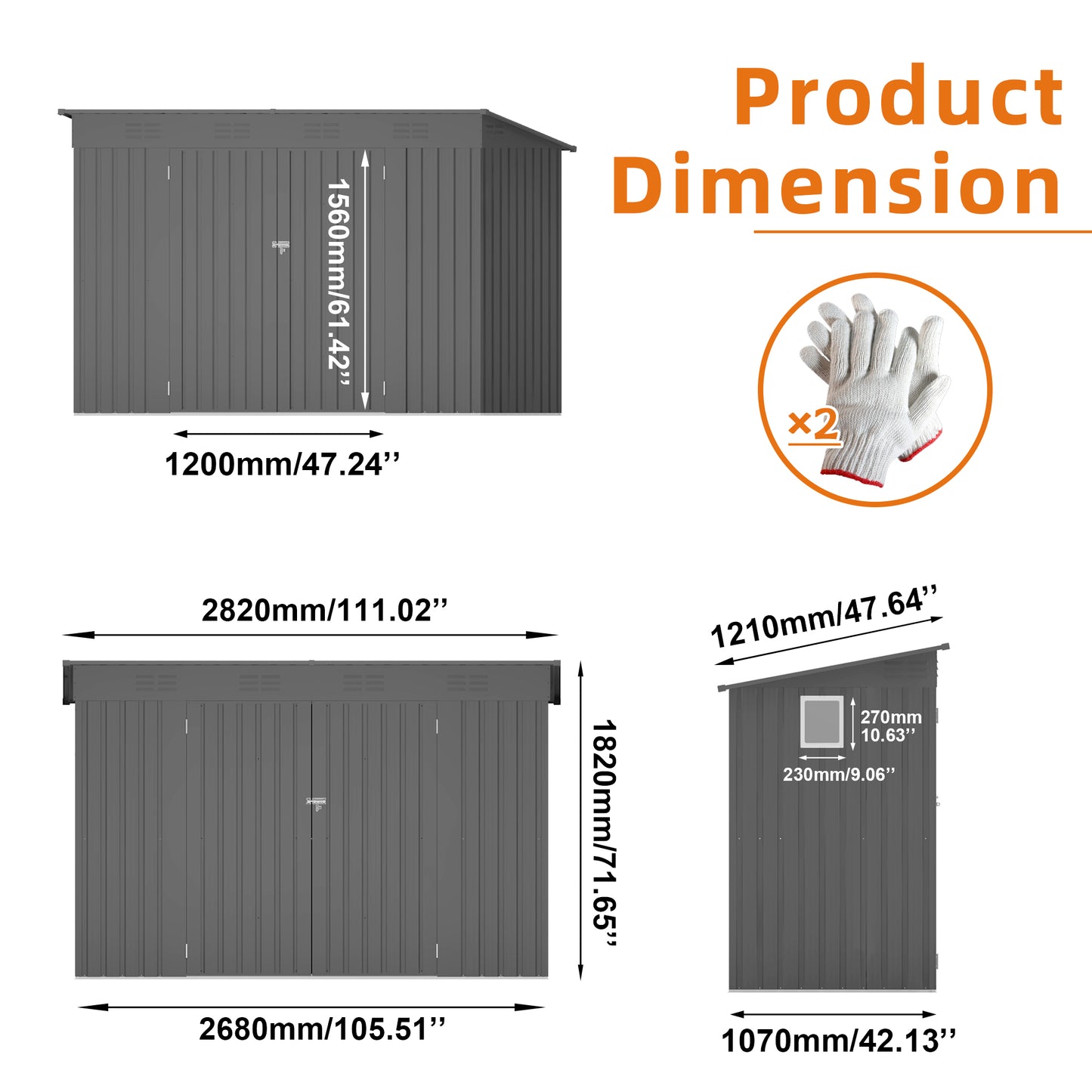 4 x 9 FT Outdoor Storage Shed, Metal Garden Shed Tool House with Sloping Roof,6 vents and 2 Swing Doors for Backyard, Garden,Patio, Garage, Lawn, Gray