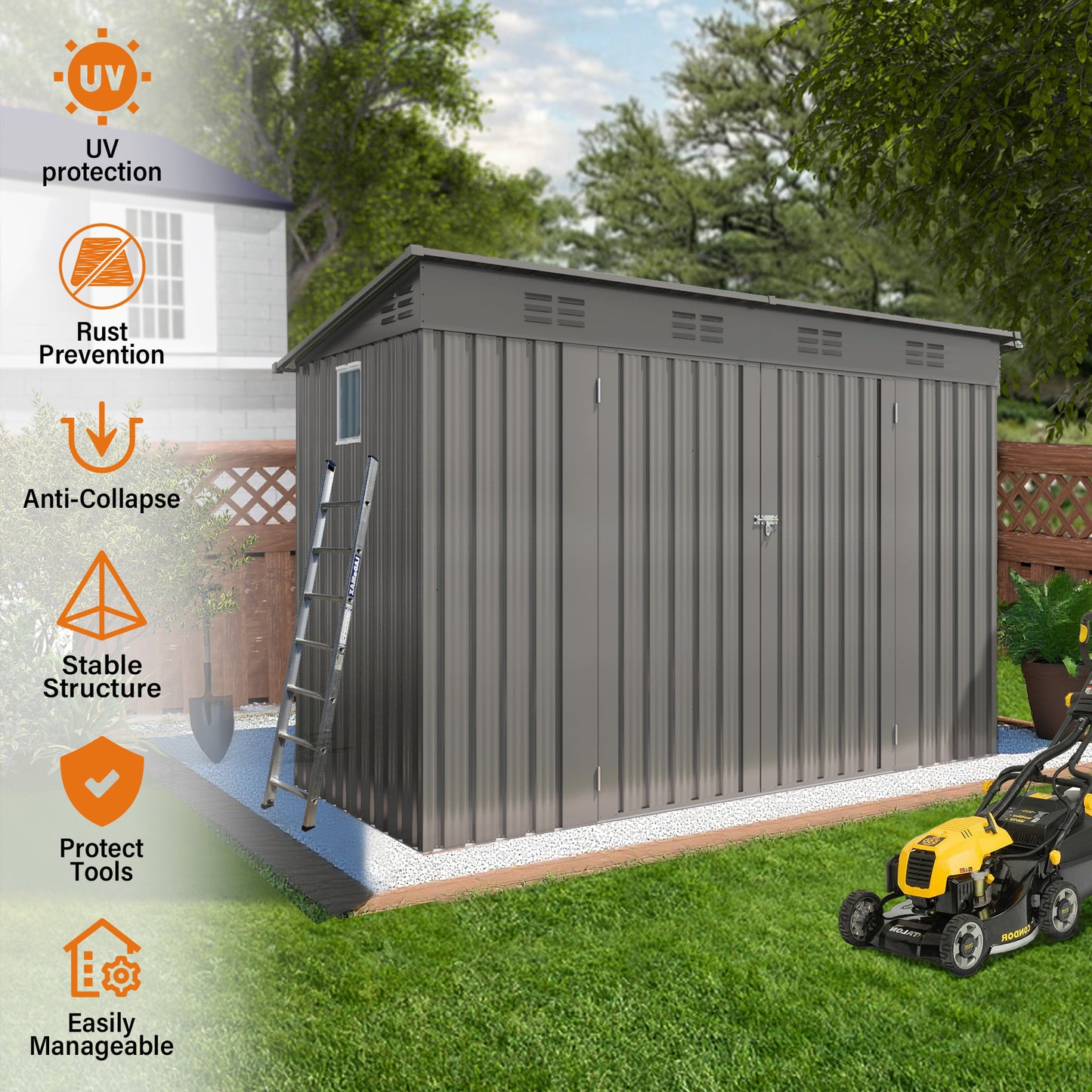4 x 9 FT Outdoor Storage Shed, Metal Garden Shed Tool House with Sloping Roof,6 vents and 2 Swing Doors for Backyard, Garden,Patio, Garage, Lawn, Gray