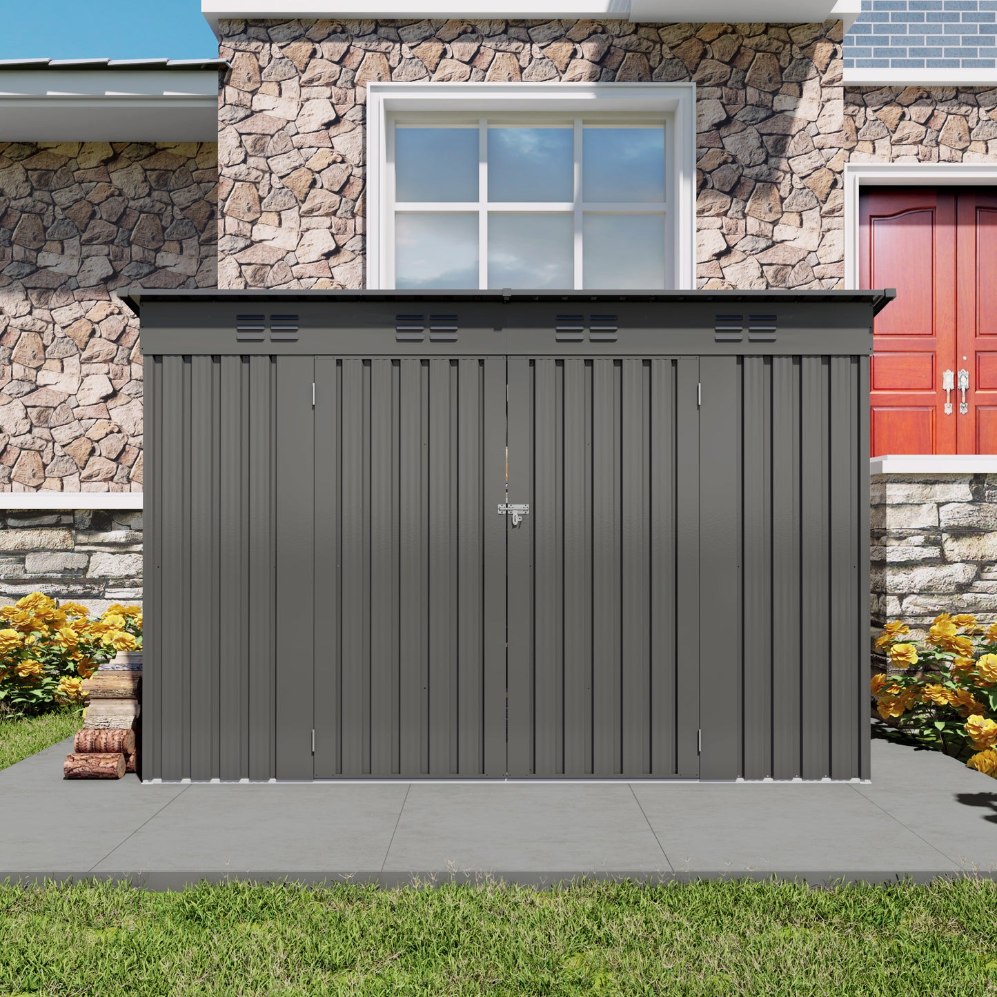 4 x 9 FT Outdoor Storage Shed, Metal Garden Shed Tool House with Sloping Roof,6 vents and 2 Swing Doors for Backyard, Garden,Patio, Garage, Lawn, Gray