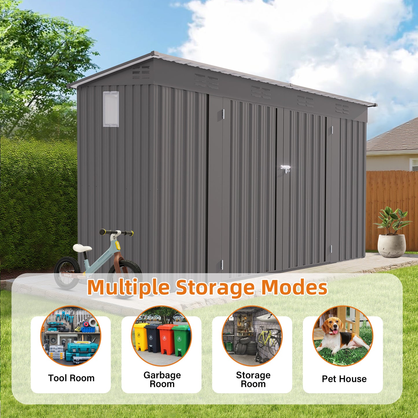 4 x 9 FT Outdoor Storage Shed, Metal Garden Shed Tool House with Sloping Roof,6 vents and 2 Swing Doors for Backyard, Garden,Patio, Garage, Lawn, Gray