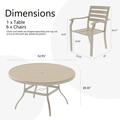 7 Pieces Outdoor Patio Dining Set, 6 Stackable Metal Dining Chairs and 52.95" Round Metal Dining Table, Outdoor Table and Chairs for Lawn Garden Backyard Deck