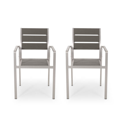 Outdoor Modern Aluminum Dining Chair with Faux Wood Seat (Set of 2), Gray and Silver