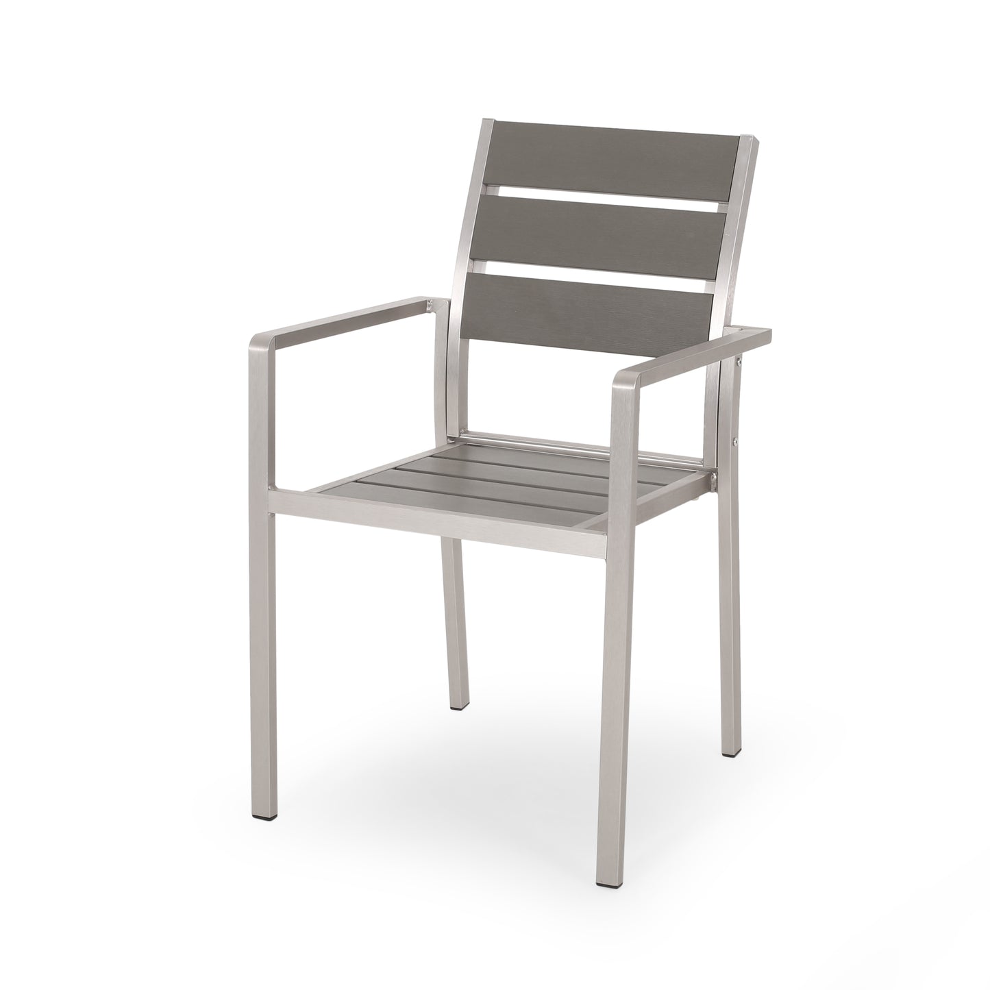 Outdoor Modern Aluminum Dining Chair with Faux Wood Seat (Set of 2), Gray and Silver