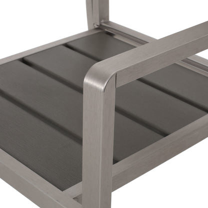 Outdoor Modern Aluminum Dining Chair with Faux Wood Seat (Set of 2), Gray and Silver