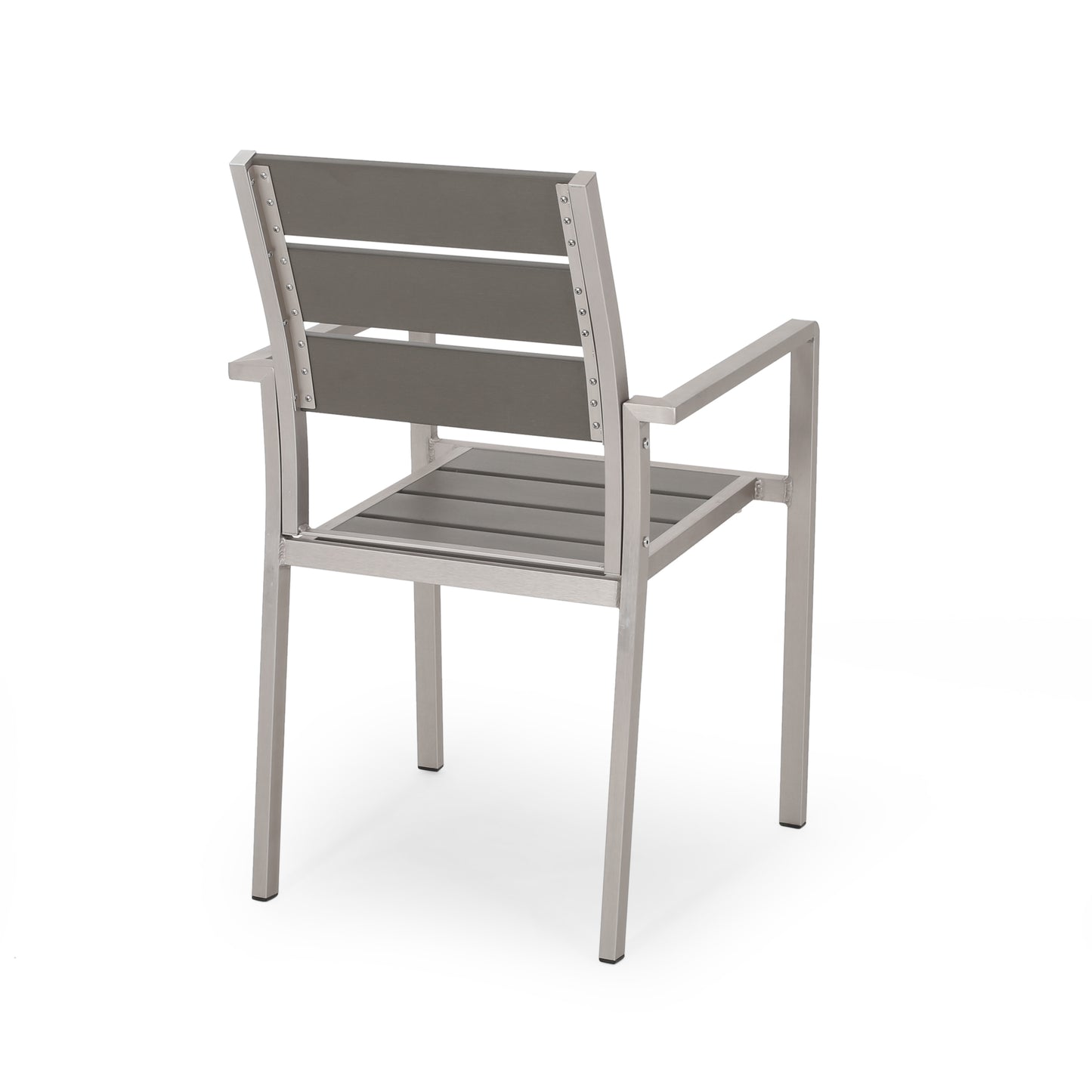 Outdoor Modern Aluminum Dining Chair with Faux Wood Seat (Set of 2), Gray and Silver