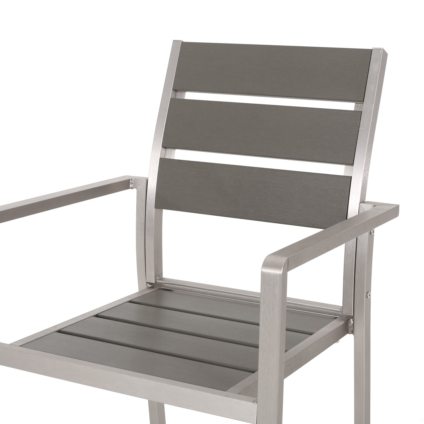 Outdoor Modern Aluminum Dining Chair with Faux Wood Seat (Set of 2), Gray and Silver