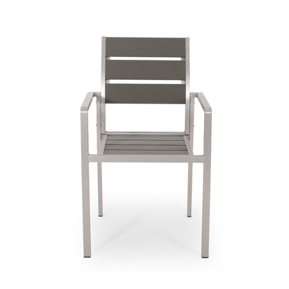 Outdoor Modern Aluminum Dining Chair with Faux Wood Seat (Set of 2), Gray and Silver