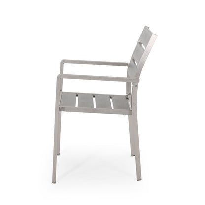 Outdoor Modern Aluminum Dining Chair with Faux Wood Seat (Set of 2), Gray and Silver