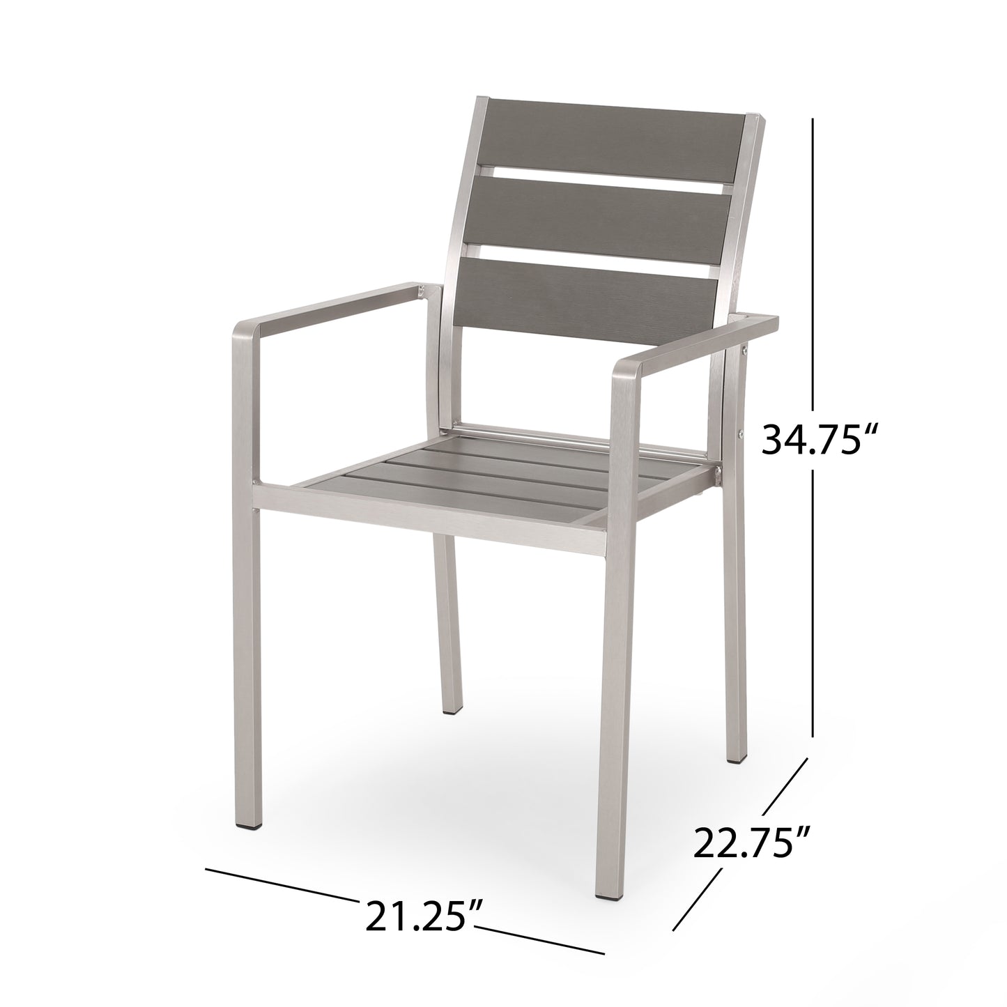 Outdoor Modern Aluminum Dining Chair with Faux Wood Seat (Set of 2), Gray and Silver
