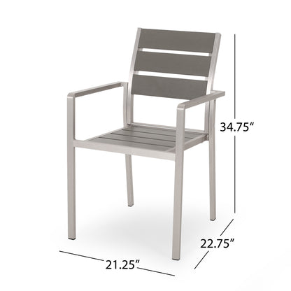 Outdoor Modern Aluminum Dining Chair with Faux Wood Seat (Set of 2), Gray and Silver