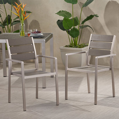 Outdoor Modern Aluminum Dining Chair with Faux Wood Seat (Set of 2), Gray and Silver