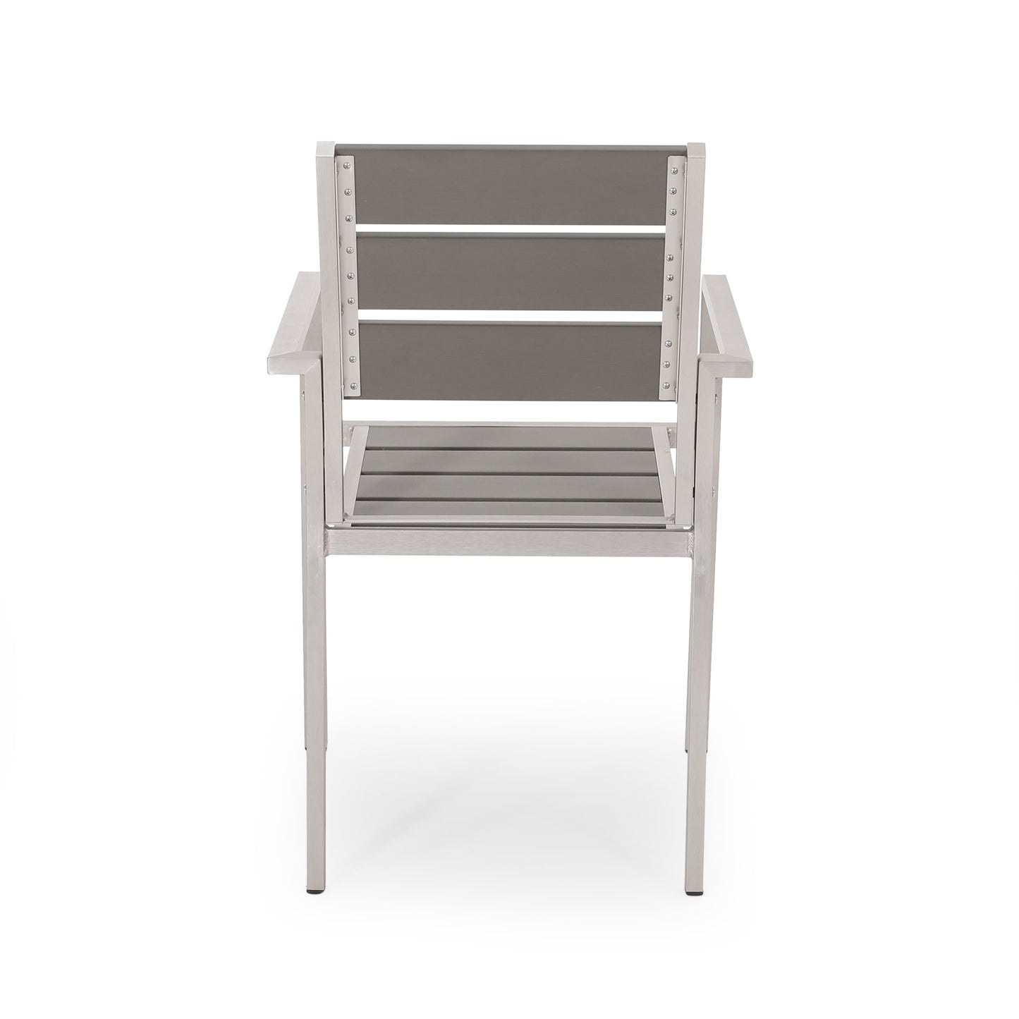 Outdoor Modern Aluminum Dining Chair with Faux Wood Seat (Set of 2), Gray and Silver