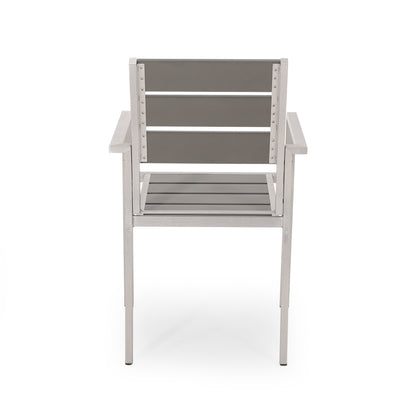 Outdoor Modern Aluminum Dining Chair with Faux Wood Seat (Set of 2), Gray and Silver