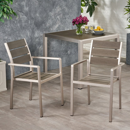 Outdoor Modern Aluminum Dining Chair with Faux Wood Seat (Set of 2), Gray and Silver
