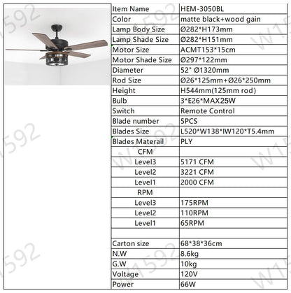 52'' Plywood blades ceiling fan with remote control for the living room ,bed room