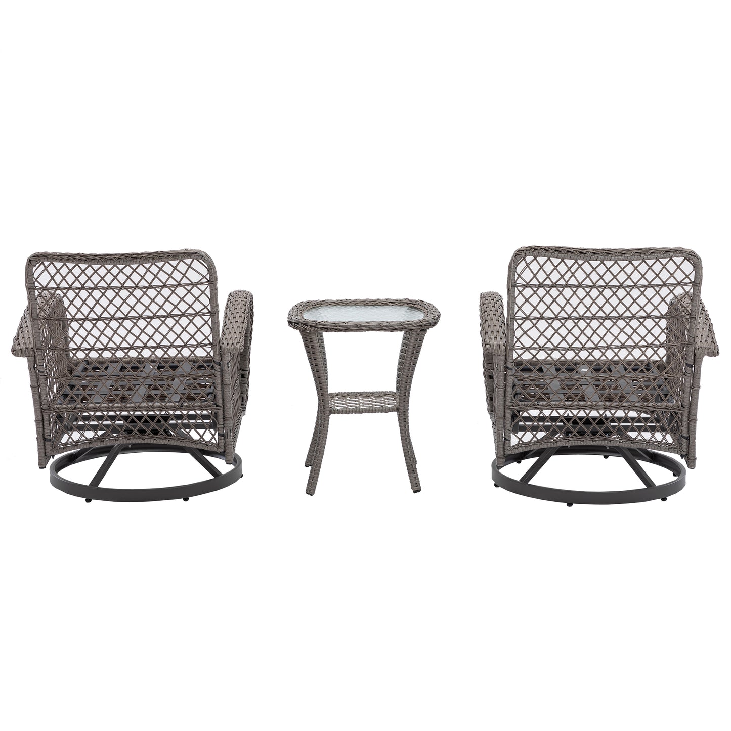 3 Pieces Outdoor Swivel Rocker Patio Chairs, 360 Degree Rocking Patio Conversation Set with Thickened Cushions and Glass Coffee Table for Backyard, Grey